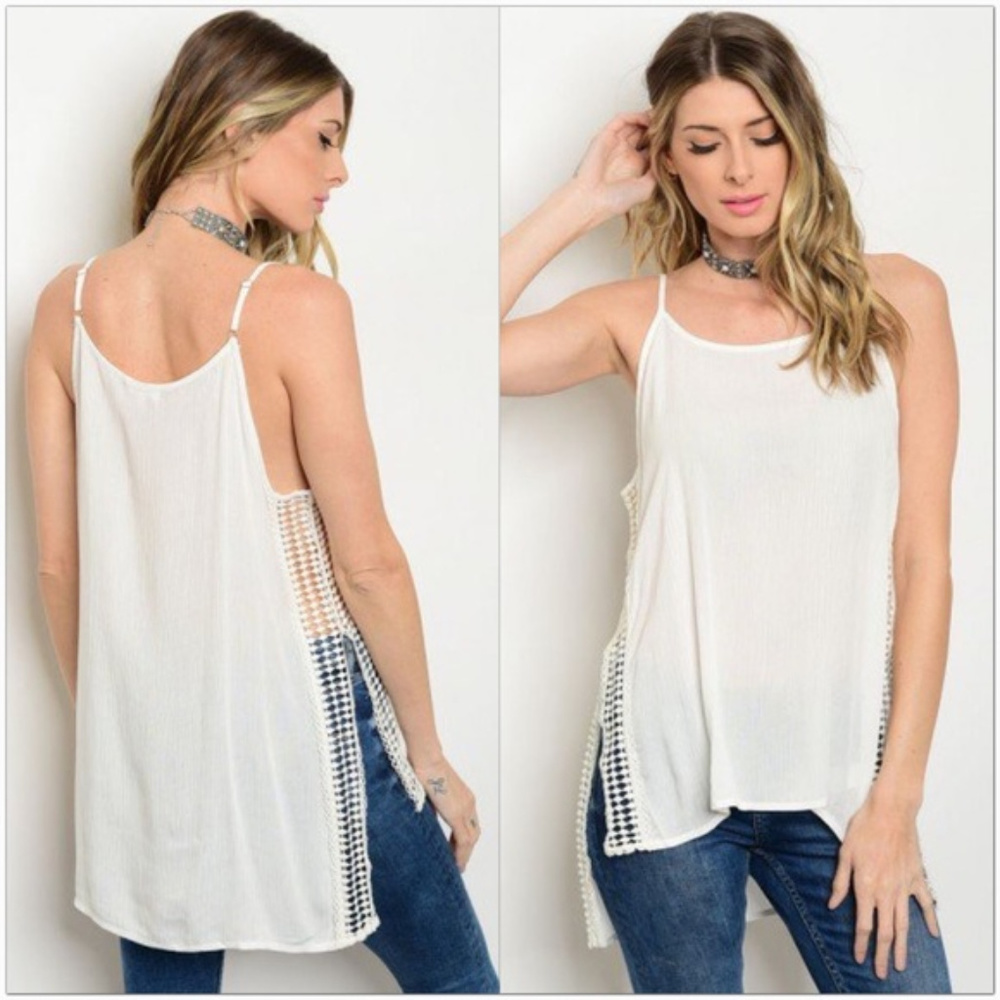 Off White Tank with Crochet Inserts - Picture 4 of 6